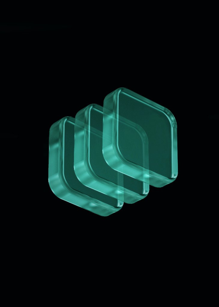 Tre piastrelle di vetro teal traslucide — app e siti web moderni per i clienti, stile glassmorphism su sfondo scuro